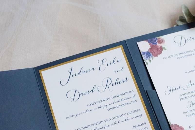 Navy, floral pocket invitation