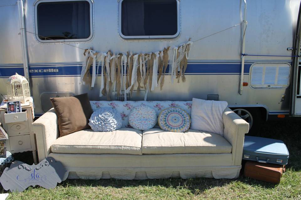 Airstream Bridal Suite or Photo Booth with furniture and prop rentals available.