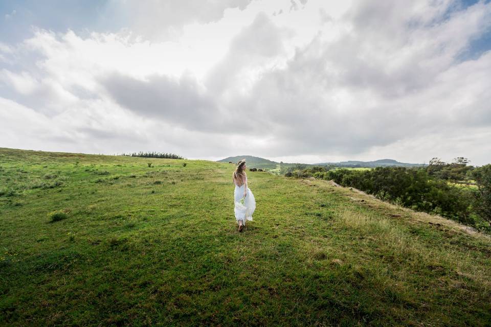 Bride running in the pasture