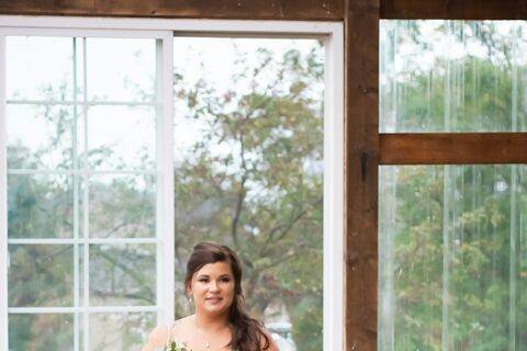 White gown and floral bouquet