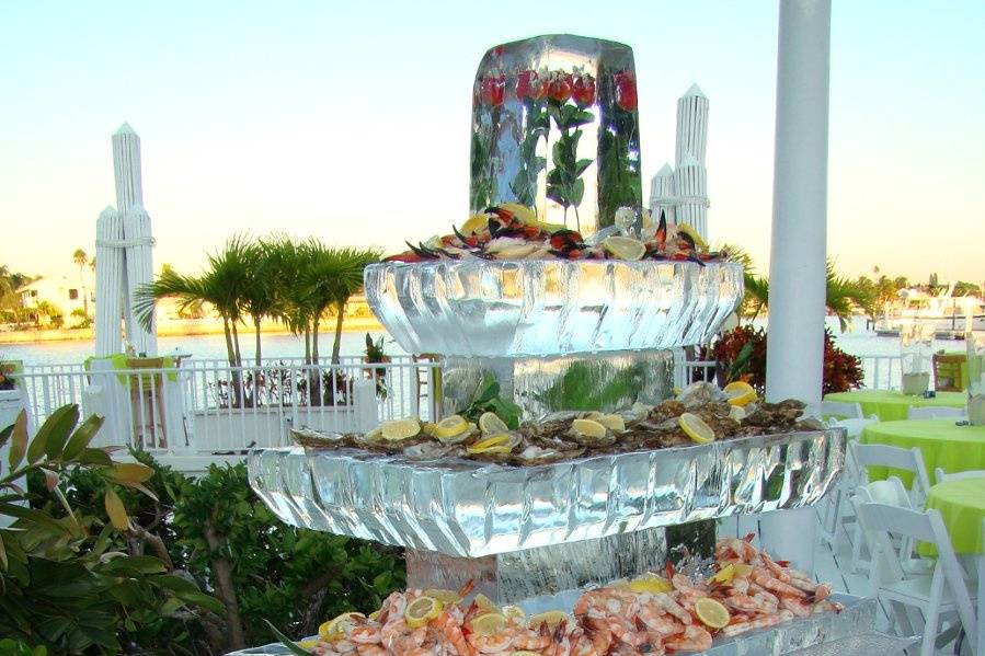 Ice Carving Seafood Display with Tuna Sashimi, Oysters, Shrimp