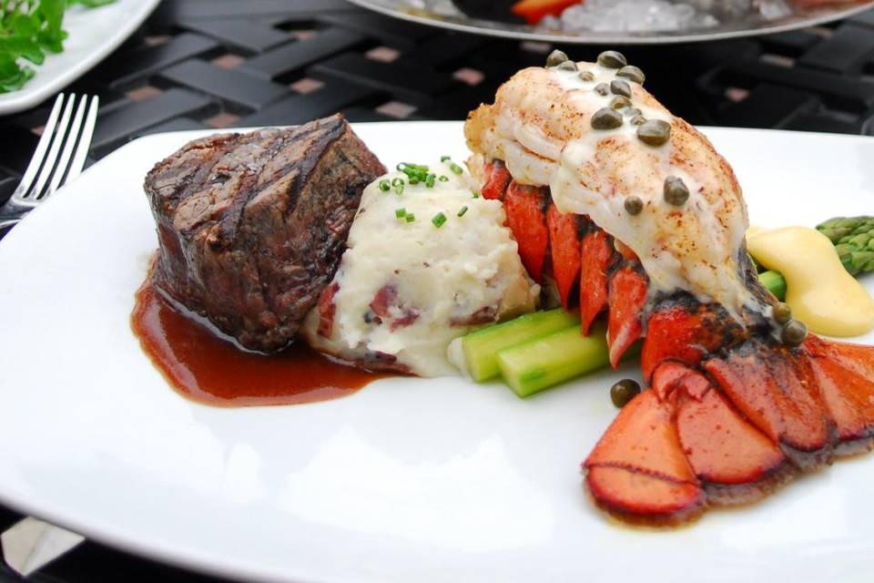 Our Signature, Grilled Filet Mignon with Cabernet Demi, Cold Water Lobster Tail with Lemon Caper Butter Sauce, Buttermilk Mashed Potatoes, Jumbo Asparagus with Hollandaise