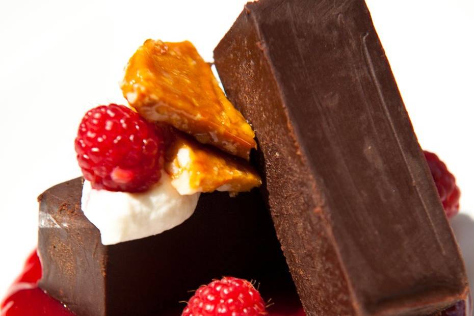 Homemade Chocolate Bar, Raspberry Sauce, Hazelnut Brittle