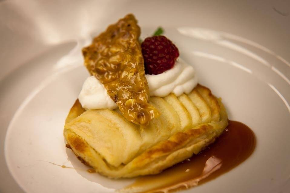 French Apple Tart Tatin, Caramel, Hazelnut Brittle, Fresh Whipped Cream