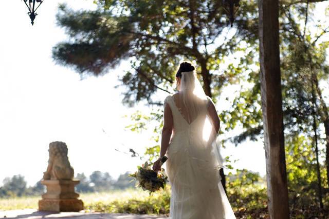 Bride ascends stairs on path at Hetlanduis