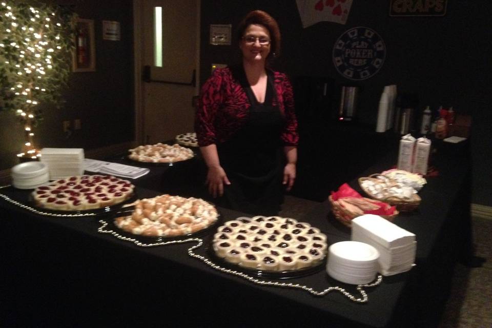 Dessert and Cappuccino Bar Served by Gabriela... Homemade Mini Cheesecakes with Cherry or Blueberry topping, Homemade Cannoli's, Homemade Cookies.