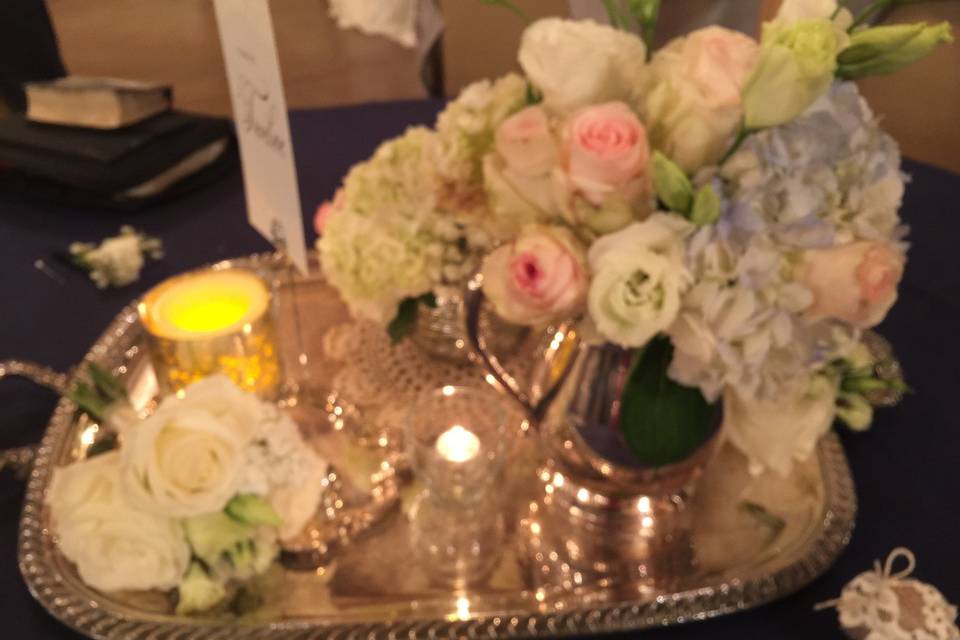 We loved working with this most lovely bride and her fabulous mother.  We used our vintage silver and mercury glass to assist them in creating these gorgeous, romantic centerpieces.  (Flowers by Lisa Akins of Sacred Stone)
