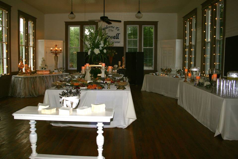 This was a summer reception held at a historic school house. We love this venue...   it is a fabulous canvas.  This bride wanted gold and glitz and glam, and everything turned out gorgeous.