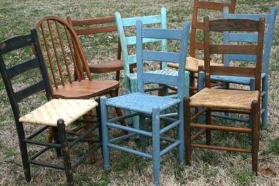 We have over 60 vintage chairs -- mostly ladder back -- that can be mixed with pews for ceremony seating or used for guest seating at the reception.  They create a great look!