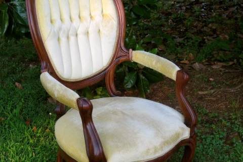 Brides love to use our vintage furniture for photo props and as seating vignettes at their receptions.  This gold chair is one of our more popular pieces.