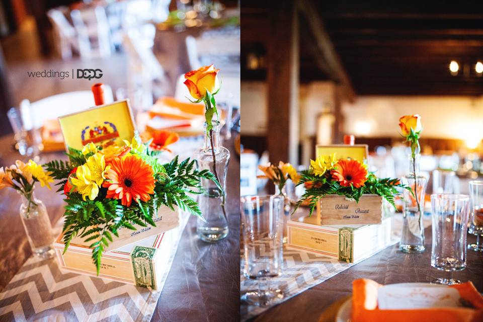 Image by DCPG Photography. Custom wedding reception design by Vivid Expressions LLC.  Event design, flowers, and decor by Vivid Expressions for client's wedding ceremony and reception at The Williamsburg Winery, Williamsburg, Virginia.  Wedding Stylist.  Event Design and Floral Design presentation.  Event planning, wedding planning, wedding design, event design, wedding flowers, event flowers and decor.  Luxury wedding, Luxury event design planning. Destination wedding, destination wedding planning, destination wedding design