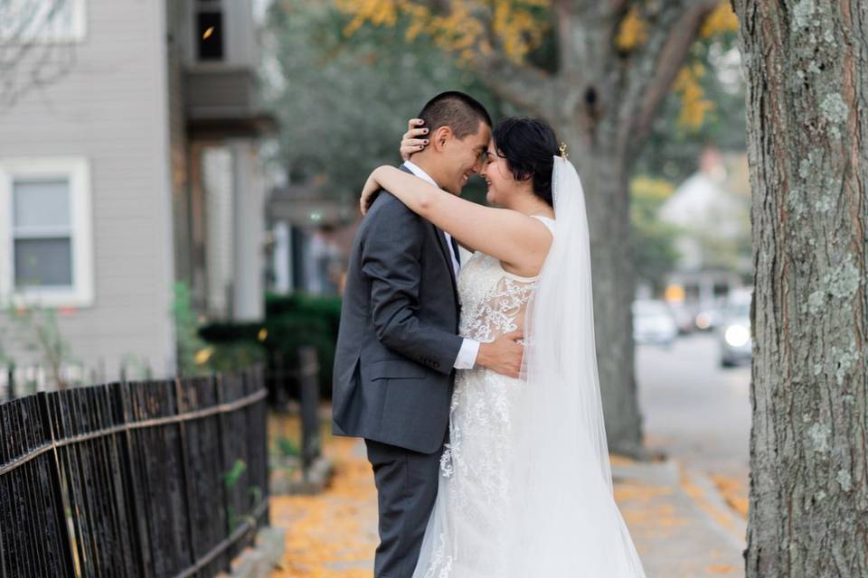 Bride and groom in street