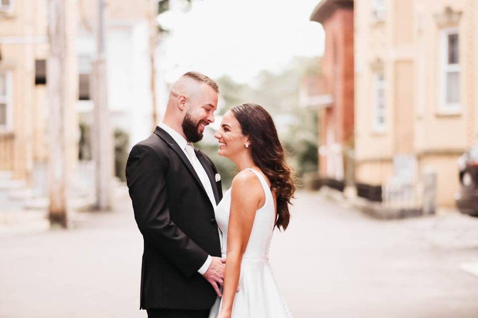 Bride and groom in street