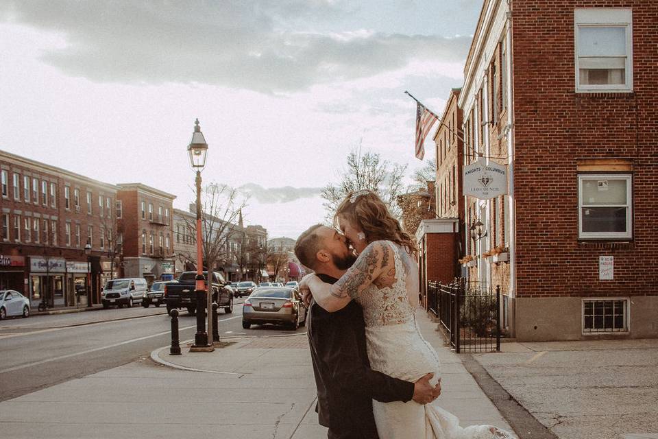 Bride and groom on Main Street