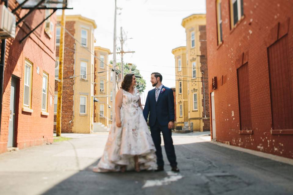 Bride and groom in street