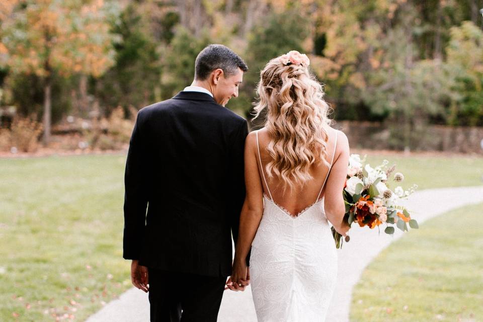 Bride and groom in park