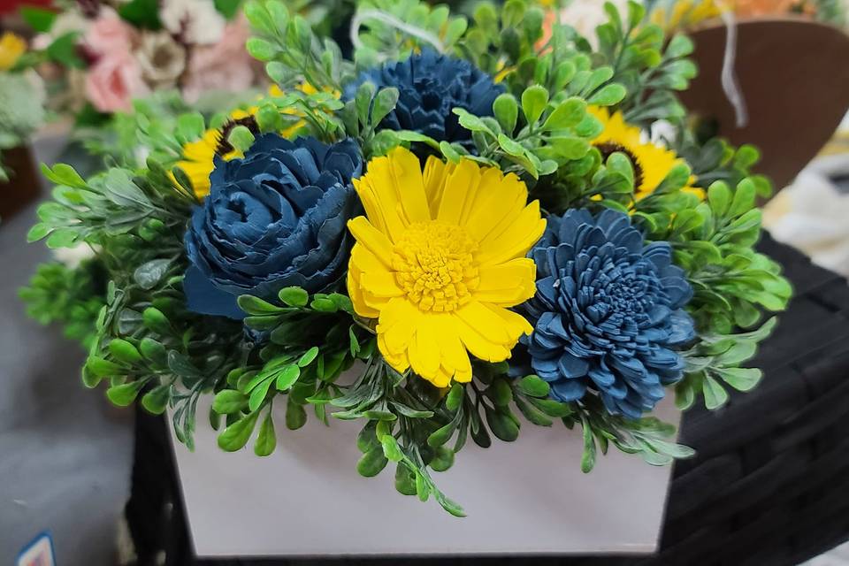 Blue and yellow wood flowers