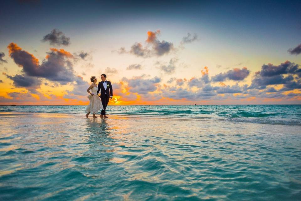 Wedding couple at sunset