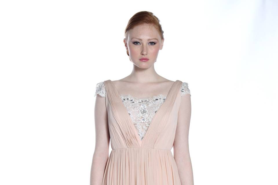 Take on Me
Deep V-neck pleated bodice, with jeweled lace inset and cap sleeves