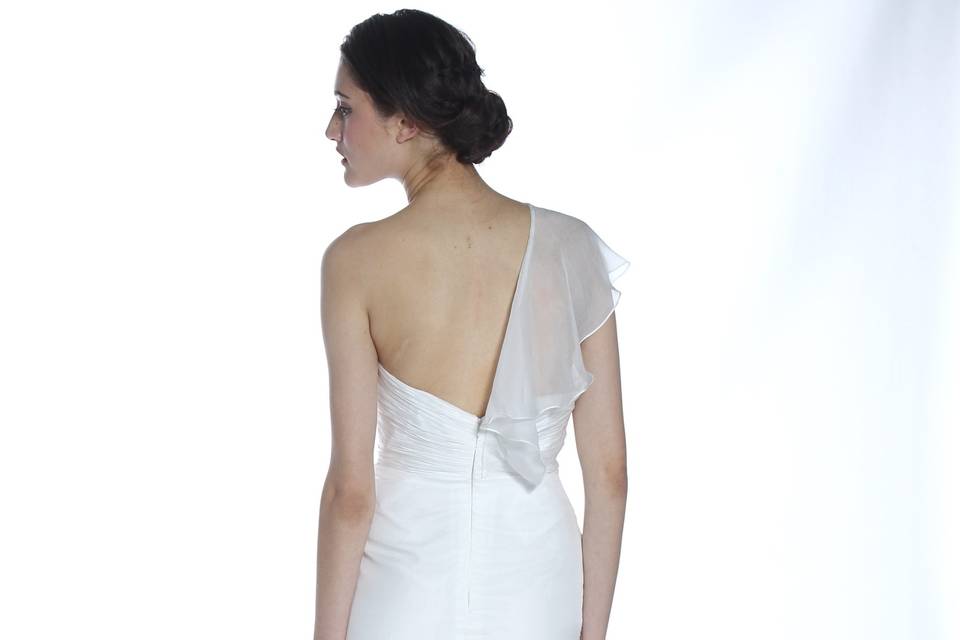 The One
One shoulder ruched bodice with flutter sleeve