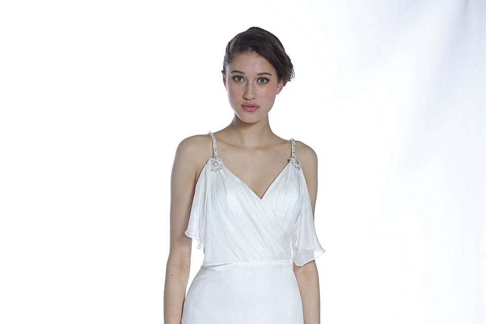 Time After Time
Deco draped bodice with arm flutter and beaded straps