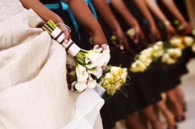 Bride and bridesmaids holding their bouquet