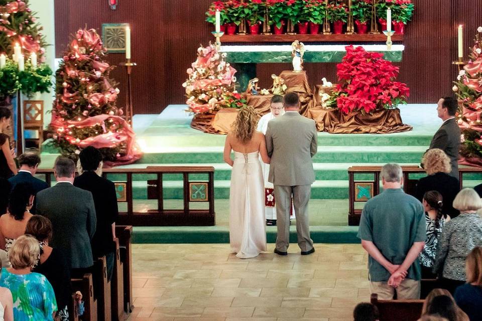 Christmas wedding. The church is decorated from Christmas Eve through the Sunday nearest Epiphany (6 January) and decorations can sometimes be coordinated with your wedding colors.