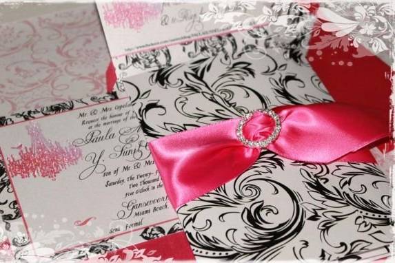 Black and White Damask with Pink Versailles Chandelier, damask jacket, satin ribbon and crystal buckle.   PaperNosh.com Copyright 2011