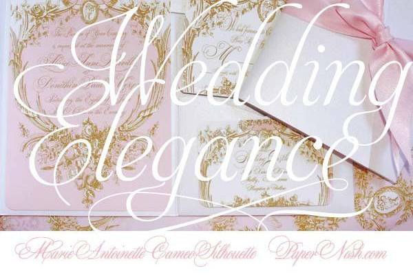 Marie Antoinette Pink and Gold Cameo Wedding Invitations and RSVP, Shimmer Folders and Pink Satin Ribbon
