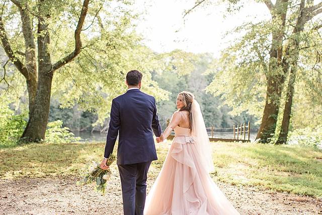 Bride and groom walking away