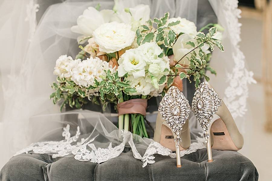Wedding shoes, bouquet