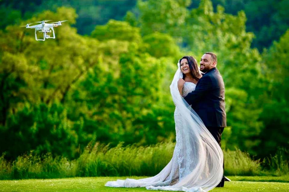 Drone footage of the happy couple