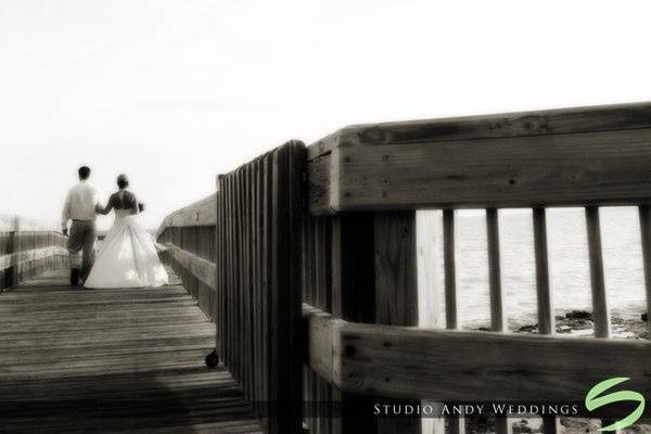 Bride and groom walking down the pier in Key West.