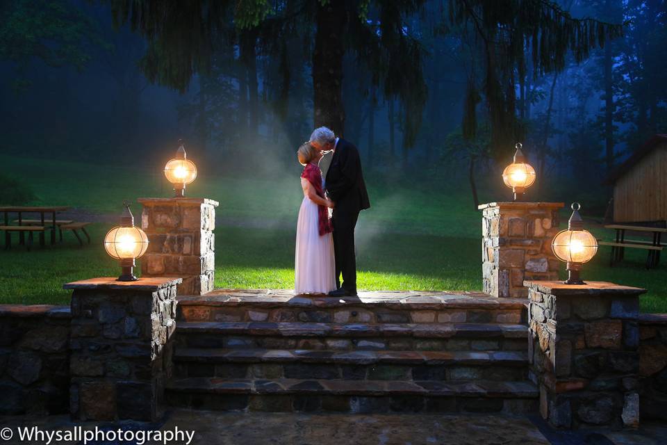 Wedding Photo Bride and Groom Bluemont Brewelry with heavy fog at sunset