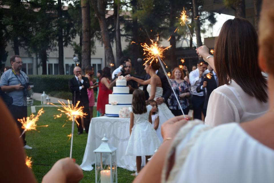 Sparklers, wedding surprise, cake cutting