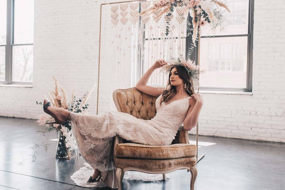 Bride lounging on a chair