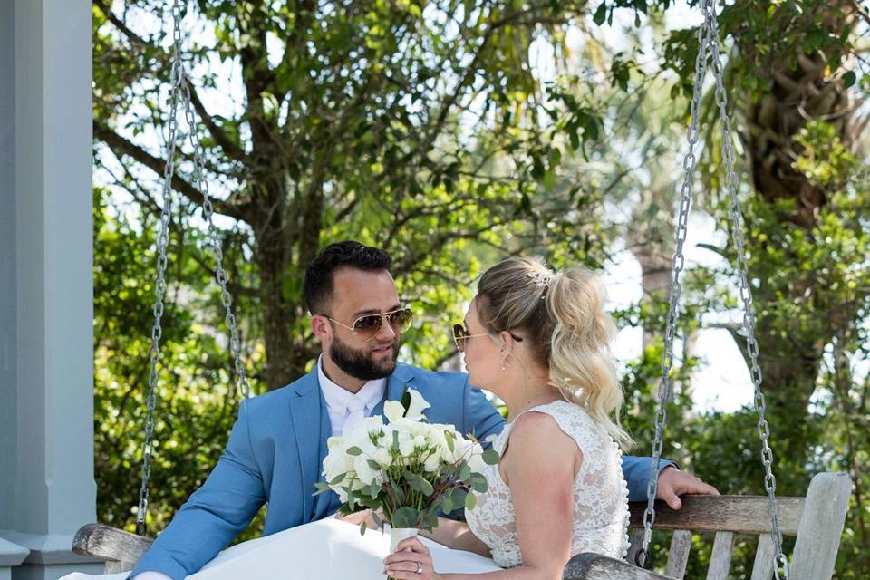 Bride and groom seated