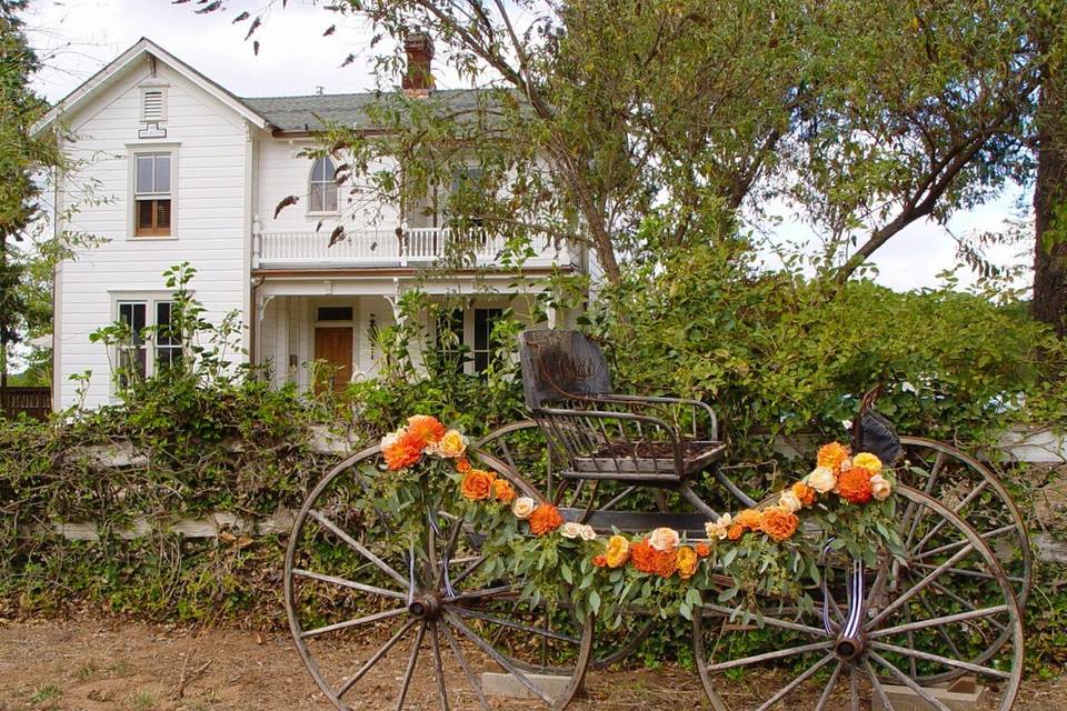 Wow.. What a weekend! I feel so lucky to have been a part of this beautiful wedding at Triple S Ranch in Calistoga. The bride & groom were so very sweet.I Loved creating this floral garland for the carriage resting at the entrance. A garland of seeded eucalyptus with mixed bright orange & light peach garden roses & dahlias.#wildorchid707 #weddingflowers #winecountrywedding #napawedding #triplesranch