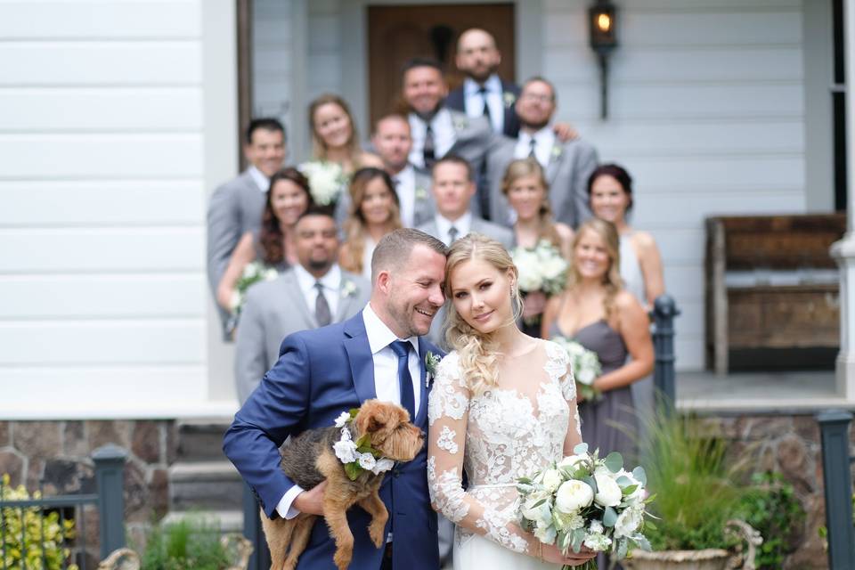 Beautiful bouquets of peonies, hydrangea, dahlias, lisianthus, stock & a mix of eucalyptus, dusty miller & olive branch hand tied with ivory ribbon.