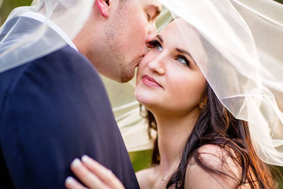 Bride and groom under a veil at Cape Fear Botanical Gardens