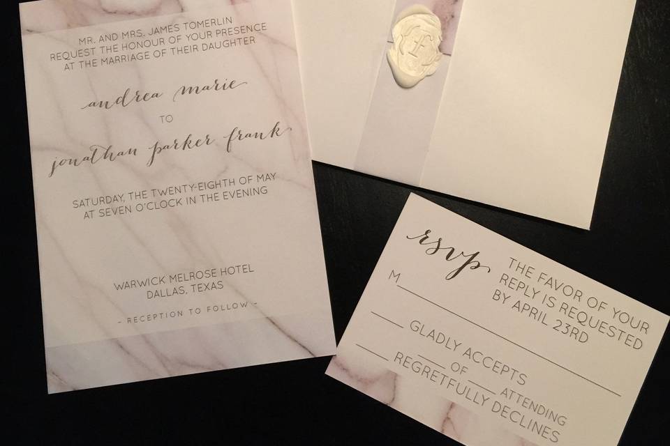 Modern, marble wedding invitation suite with wax seal