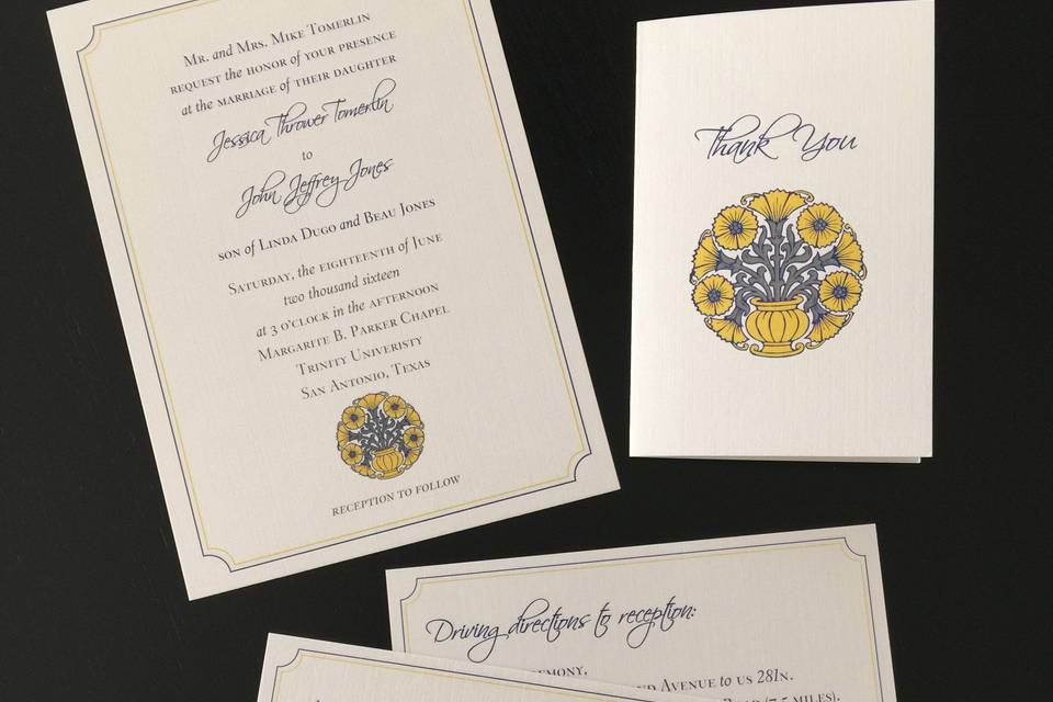 Traditional sunflower and navy blue wedding invitation suite with custom illustration