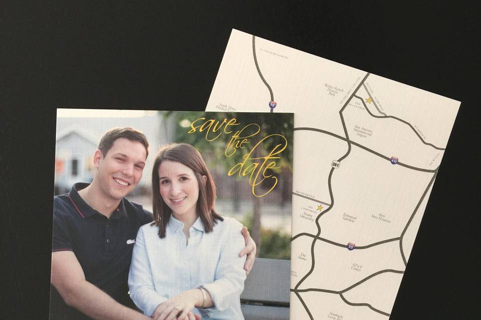 Traditional, photo-based save the date with a map on the reverse side