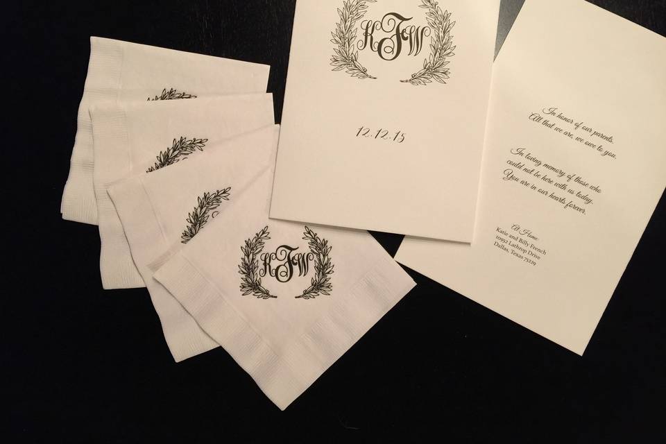 Formal wedding program and cocktail napkins with custom illustrated monogram