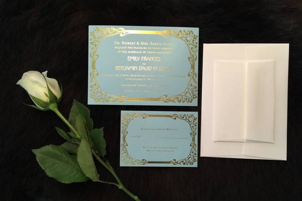 Gold foil, custom illustrated wedding invitation suite (not pictured: thank you notes)