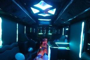 Inside of the largest party bus in AZ. Seventy feet long, this beauty can hold 65 passengers in style.