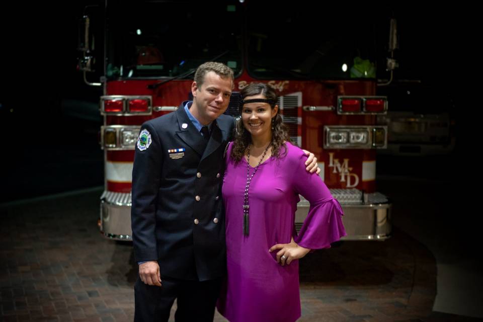 Posing at the fire truck