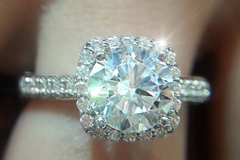 A customer's cushion halo engagement ring from Verragio.