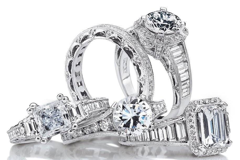 Engagement rings (and a band) from Tacori's Classic Crescent collection.