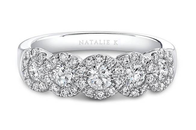 A unique halo design wedding band featuring Forevermark diamonds.